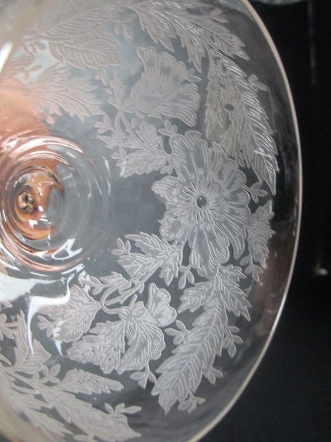 Pink Depression Glass Tray and wine glass, Clear Glass Serving Tray and Crystal Bowl - 6