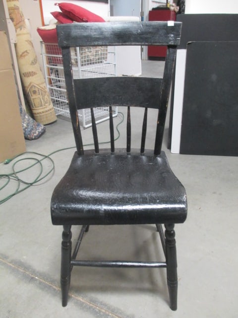 Wood Plank Black Chair w/Slat Back: One Stretcher Broken