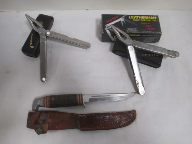 2 Leatherman Tools & Knife w/Leather Sheath: .