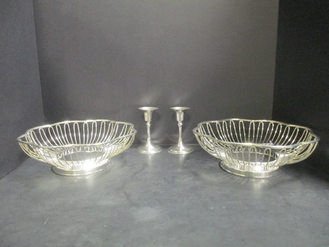 Silverplate (Lot of 2) Bread Baskets & PR Candlesticks: . 