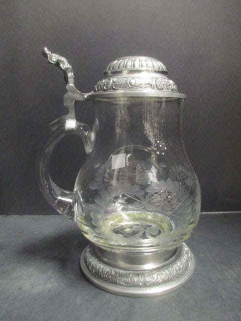 German Style Glass Stein w/Pewter Lid: 8 1/2"