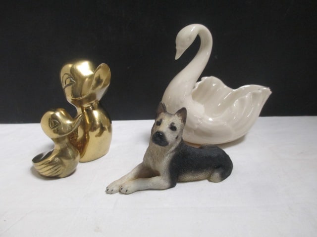 Lenox 5" Swan, Brass Ducks 2" & 3", & German Sheperd 3": . 