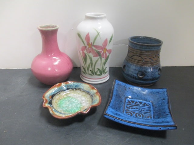 Pottery Grouping-2 Vases, Signed Candle Holder, 2 Trinket Dishes (1 of 13)