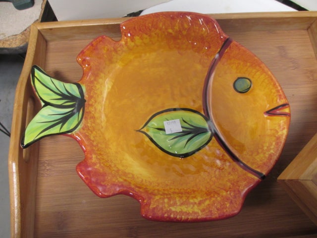 2 Bamboo Trays (16 x 12) & Signed Fish Platter (10 x 12) - 2