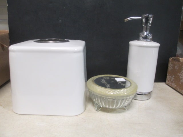 White Ceramic Kleenex Holder & Soap Dispenser, &: Mirrored Trinket Dish