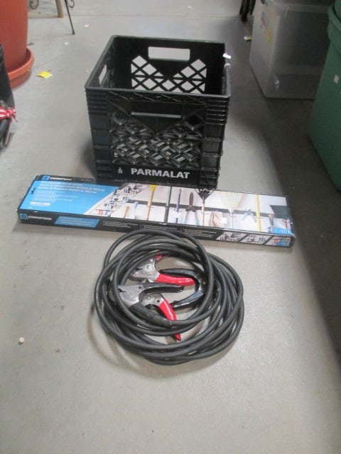 Black Plastic Crate w/Battery Jumper Cables & Tool Storage System: See all pictures