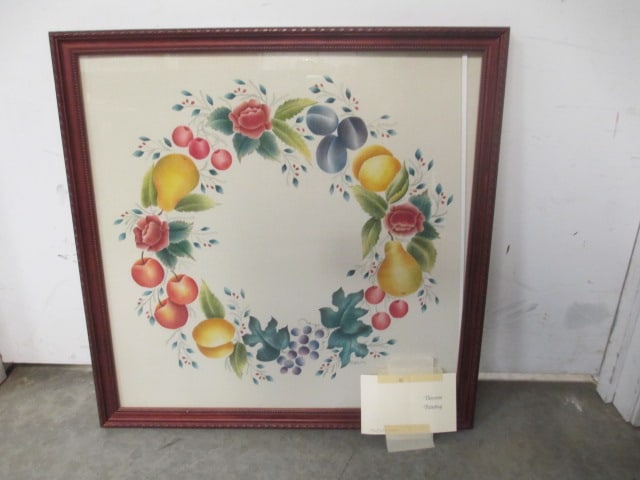P. Wolfe Fruit & Floral Wreath Framed Theorem Painting: 20 x 20 