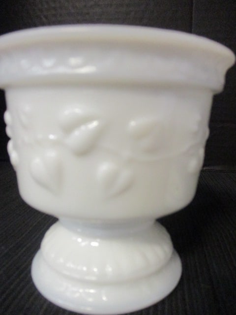 Pair of Vintage Embossed Ivy Hearts White Milk Glass Pedestal Dishes - 2