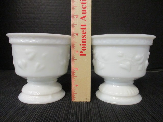 Pair of Vintage Embossed Ivy Hearts White Milk Glass Pedestal Dishes - 9
