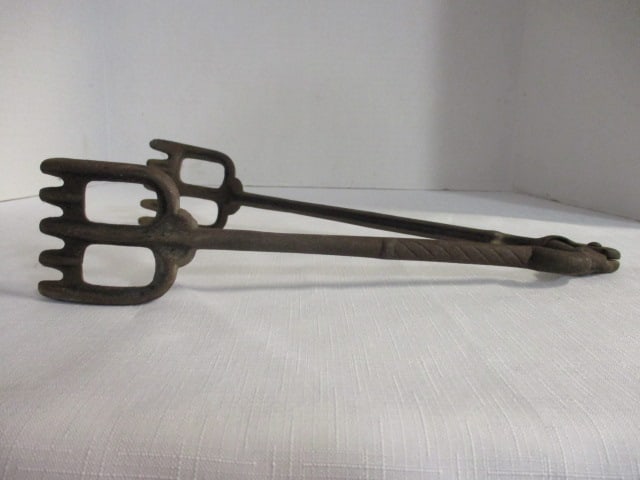 Antique Hand-Forged Cast Iron Tongs - 4