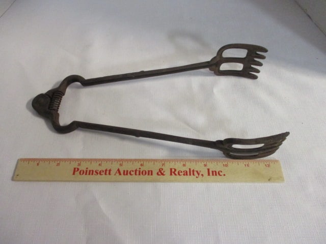 Antique Hand-Forged Cast Iron Tongs - 7