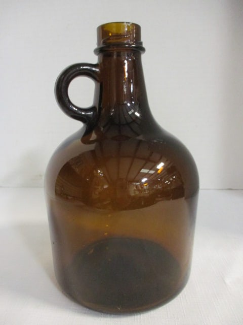 Vintage 1-Gallon Amber Brown Glass Jug: 8 3/4", no lid, see pictures and preview for markings on bottom