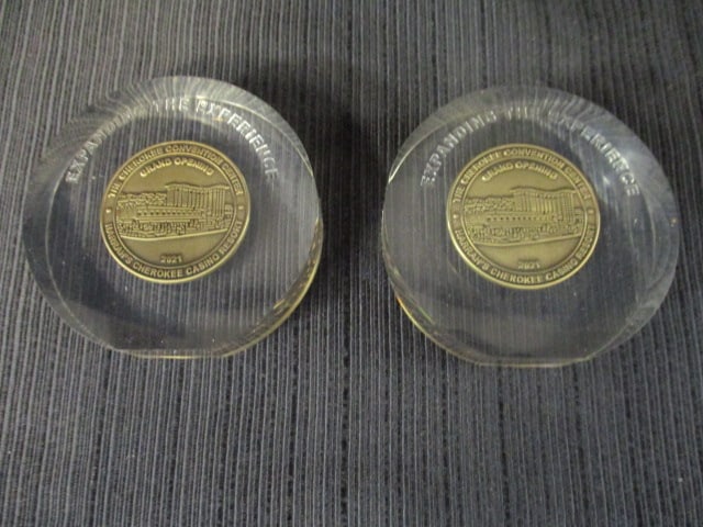 2 "Seal of Eastern Band of Cherokee Indians" Harrah's Casino Paperweights: 2 3/4" each 
