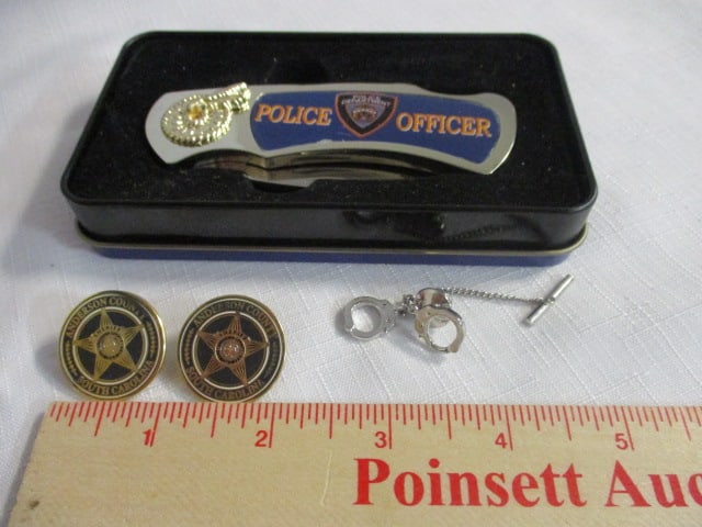 Police Officer Pocket Knife in Metal Case, Handcuffs Tie Tack, and 2 Anderson - 5