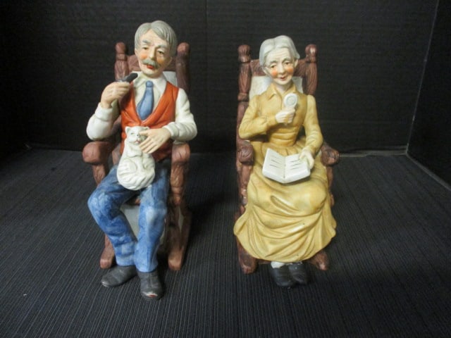 2 JJ Fine Quality Limited Edition Ceramic Old Man and Old Lady on Rocking: Chairs Figurines, 9 1/2" 