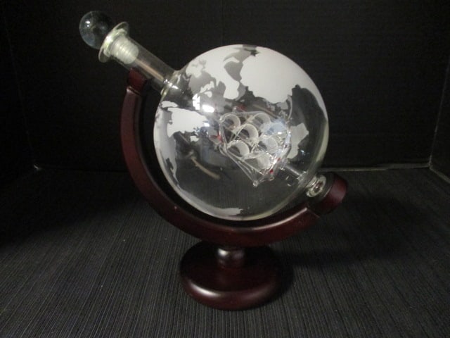Vintage Etched Glass World Map Globe Decanter with Glass Ship Inside: 9"