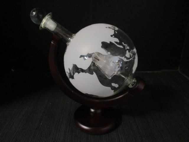 Vintage Etched Glass World Map Globe Decanter with Glass Ship Inside - 2