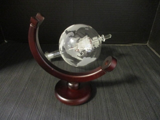 Vintage Etched Glass World Map Globe Decanter with Glass Ship Inside - 4