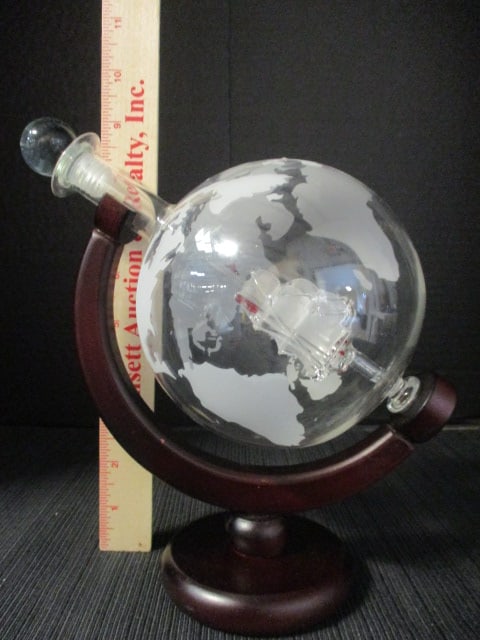 Vintage Etched Glass World Map Globe Decanter with Glass Ship Inside - 5
