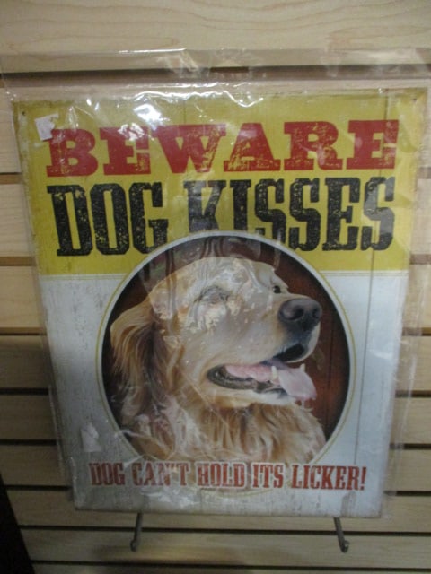 New Old Stock "Beware Dog Kisses" Metal Sign: 9" x 18", still in plastic