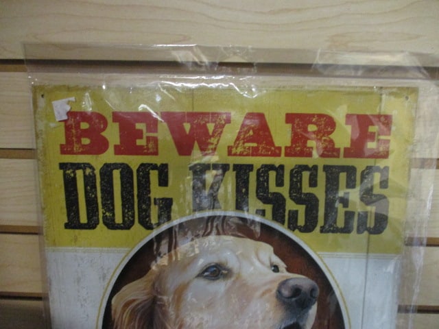 New Old Stock "Beware Dog Kisses" Metal Sign - 2