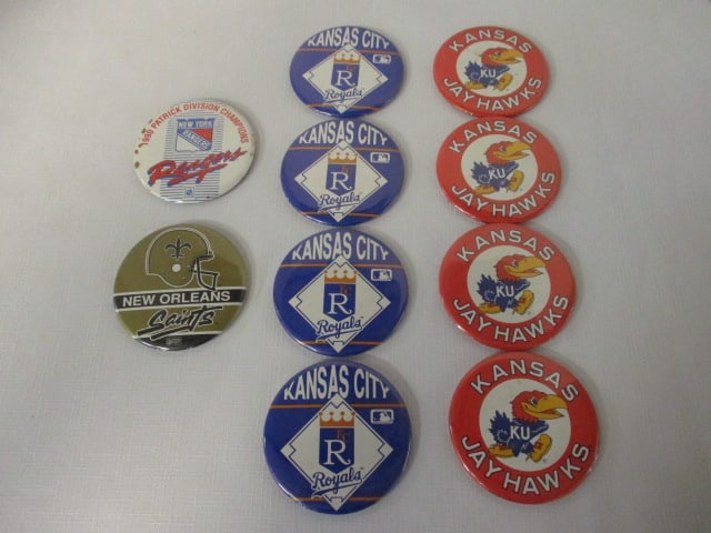 Lot of 10 Vintage Sports Buttons - NY Rangers, New Orleans Saints, Kansas: City Royals, and Kansas City Jay Hawks
