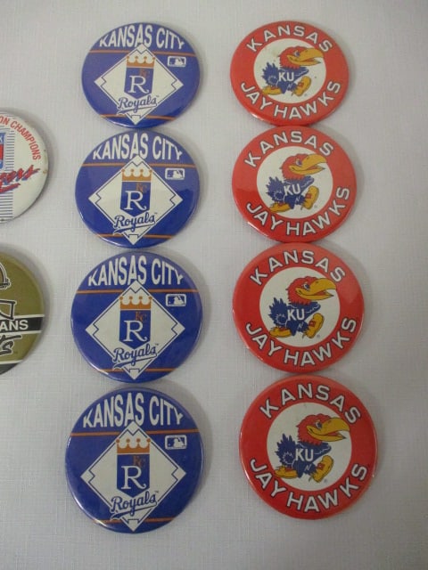 Lot of 10 Vintage Sports Buttons - NY Rangers, New Orleans Saints, Kansas - 2