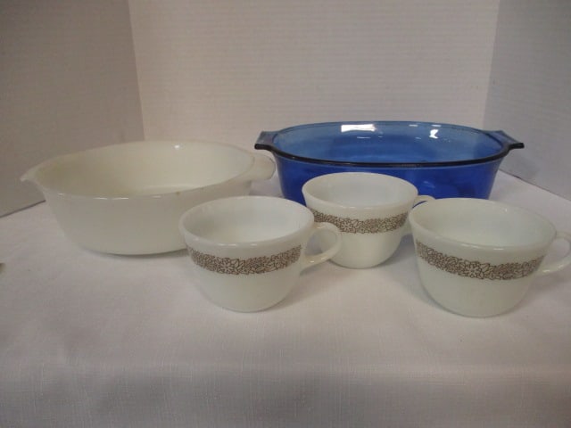 3 Vintage Pyrex "Woodland Brown" Milk Glass Cups, Pyrex Blue 2 1/2 Quart: Glass Casserole Dish (no lid), and Anchor Hocking Fire King 1 1/2 Quart Milk Glass Casserole Dish (no lid)