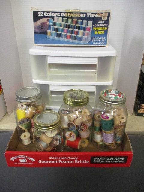 Vintage Sewing Lot - Wood Spool Thread in Mason Jars, Thread Rack in: Original Box, and 3-Drawer Plastic Organizer with Sewing Notions, see pictures and preview for selection and condition
