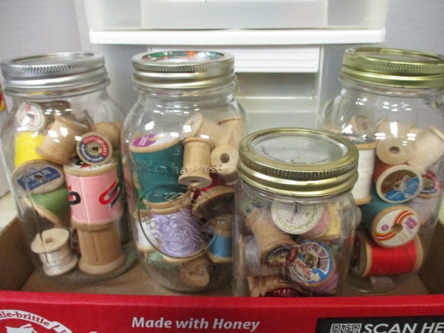 Vintage Sewing Lot - Wood Spool Thread in Mason Jars, Thread Rack in - 6