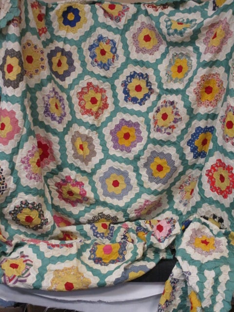 Antique Handmade "Grandmother's Flower Garden" Quilt Top: circa - early 1900s per consigner