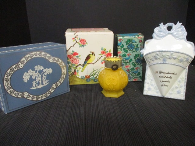 Lot of Vintage Avon Perfume, Candle Holders, Soap Dish with Soap, and: "Grandmother" Wall Pocket, 3 with original boxes, see pictures and preview for selection and condition