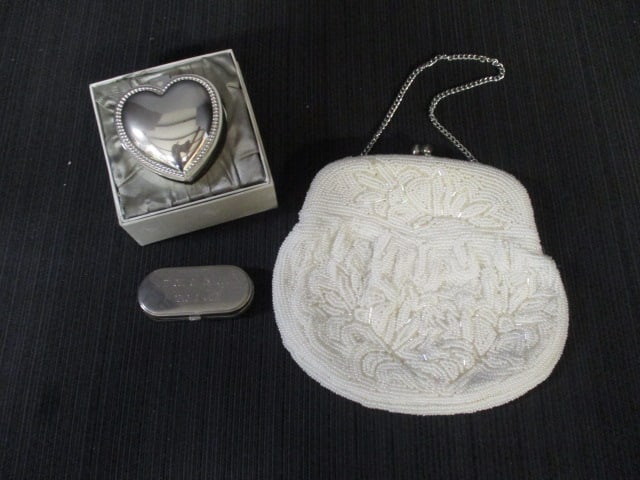 Vintage Beaded Evening Bag, Silverplated Heart Trinket Box, and Silverplated: Pill Box