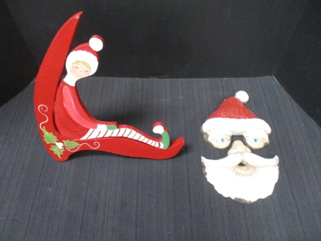 Handpainted and Signed Elf Wood Shelf Sitter and Ceramic Santa Face: Wall Hanging