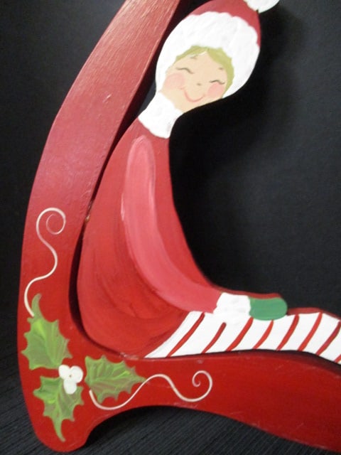 Handpainted and Signed Elf Wood Shelf Sitter and Ceramic Santa Face - 9