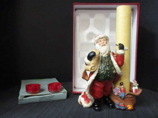 Party Lite "Santa Checking His List" Candle Holder in Original Box and Extra: Box of 12 Candles