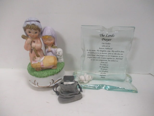Vintage Porcelain Ceramic "Joy to the World" Manger Music Box, Etched Glass: "The Lord's Pray" Sculpture, and Etched Glass "Virgin Mary" Paperweight, 2" to 7"