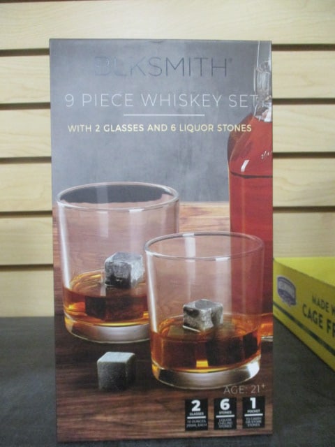 New Old Stock Blksmith 9-Piece Whiskey Set: 2 glasses and 6 liquor stones 