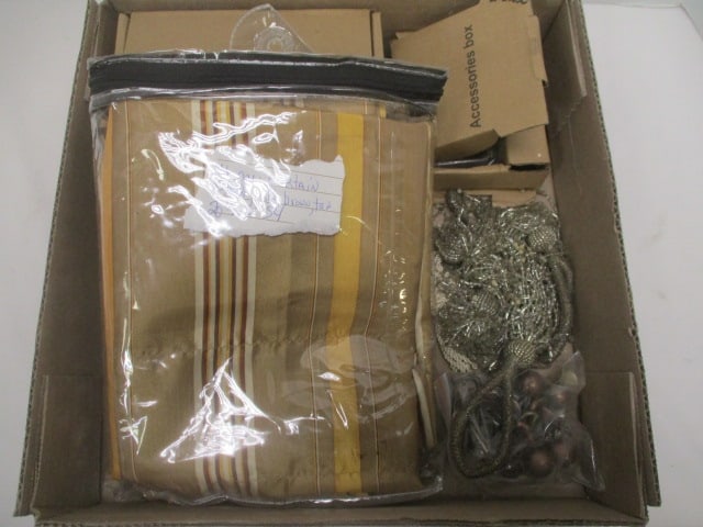 4 New Curtain Panels, Beaded Tie Backs, and Curtain Rod Holders and Hooks: see pictures and preview for selection and condition