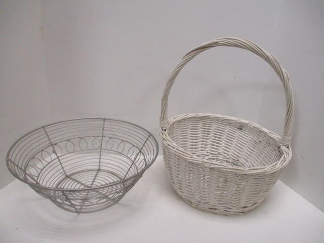 Vintage White Painted Handle Wicker Basket and Decorative Metal Basket: 12 1/2" x 16 1/2" (to handle) - some wear and tear, 13" x 5" 