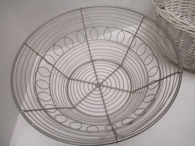 Vintage White Painted Handle Wicker Basket and Decorative Metal Basket - 2