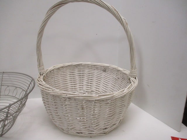 Vintage White Painted Handle Wicker Basket and Decorative Metal Basket - 3