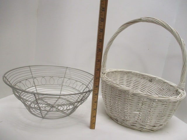 Vintage White Painted Handle Wicker Basket and Decorative Metal Basket - 4
