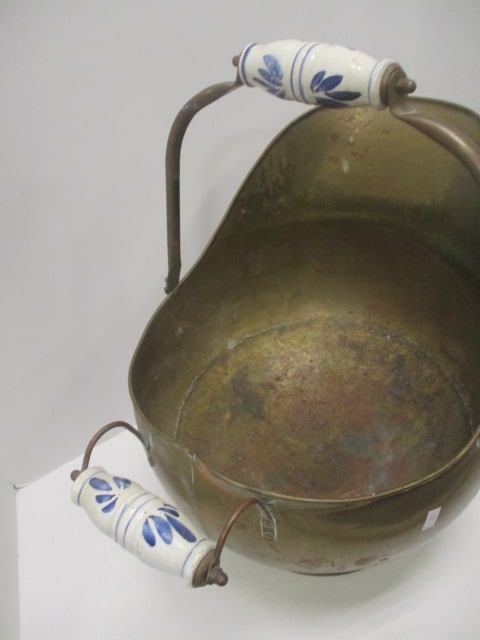 Vintage Copper and Brass Coal Scuttle Bucket with Porcelain Handles - 2