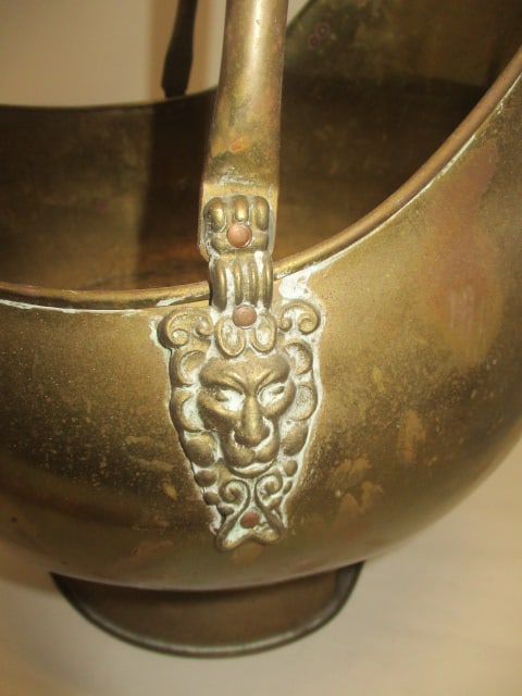 Vintage Copper and Brass Coal Scuttle Bucket with Porcelain Handles - 3