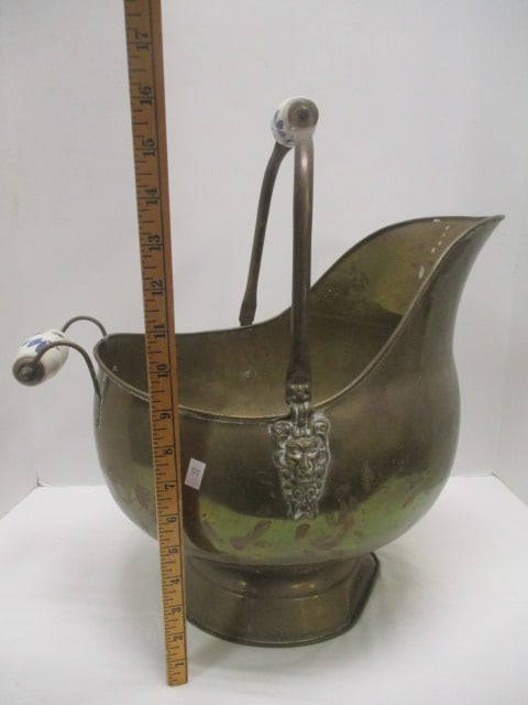 Vintage Copper and Brass Coal Scuttle Bucket with Porcelain Handles - 5