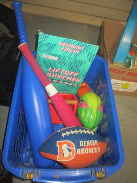 Plastic Container with Toy Plastic Bats, Plastic and Foam Balls, Lift-Off: Launcher, etc., see pictures and preview for selection and condition 