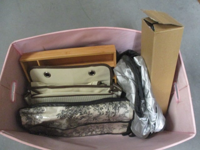 Lot of Canvass, Plastic, and Wood Storage Containers and Auto Sun Shades: see pictures and preview for selection and condition