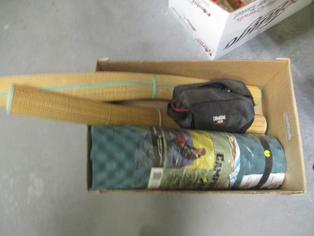 New Old Stock Eggcrate Camping Pad, 2 Straw Beach Mats, and Bag of: Bungie Cords and Straps