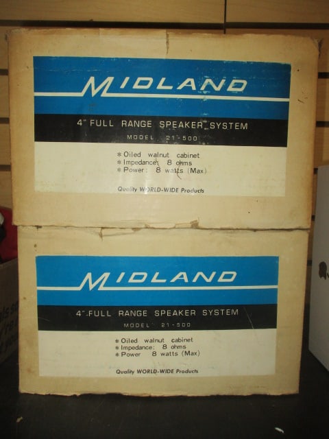Pair of Vintage Midland 4" Full Range Speaker System in Walnut Cabinet in: Original Boxes